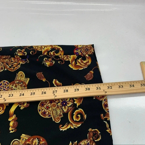 CK Midi Skirt 12 Faux Wrap Black Gold Floral Print Classic Whimsy Goth Office// - Picture 11 of 11